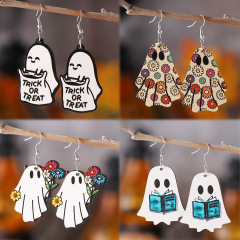 国境を越えた新型ハロウィーンゴシック風かわいい幽霊花本ポケット幽霊ペンダント木製両面イヤリング