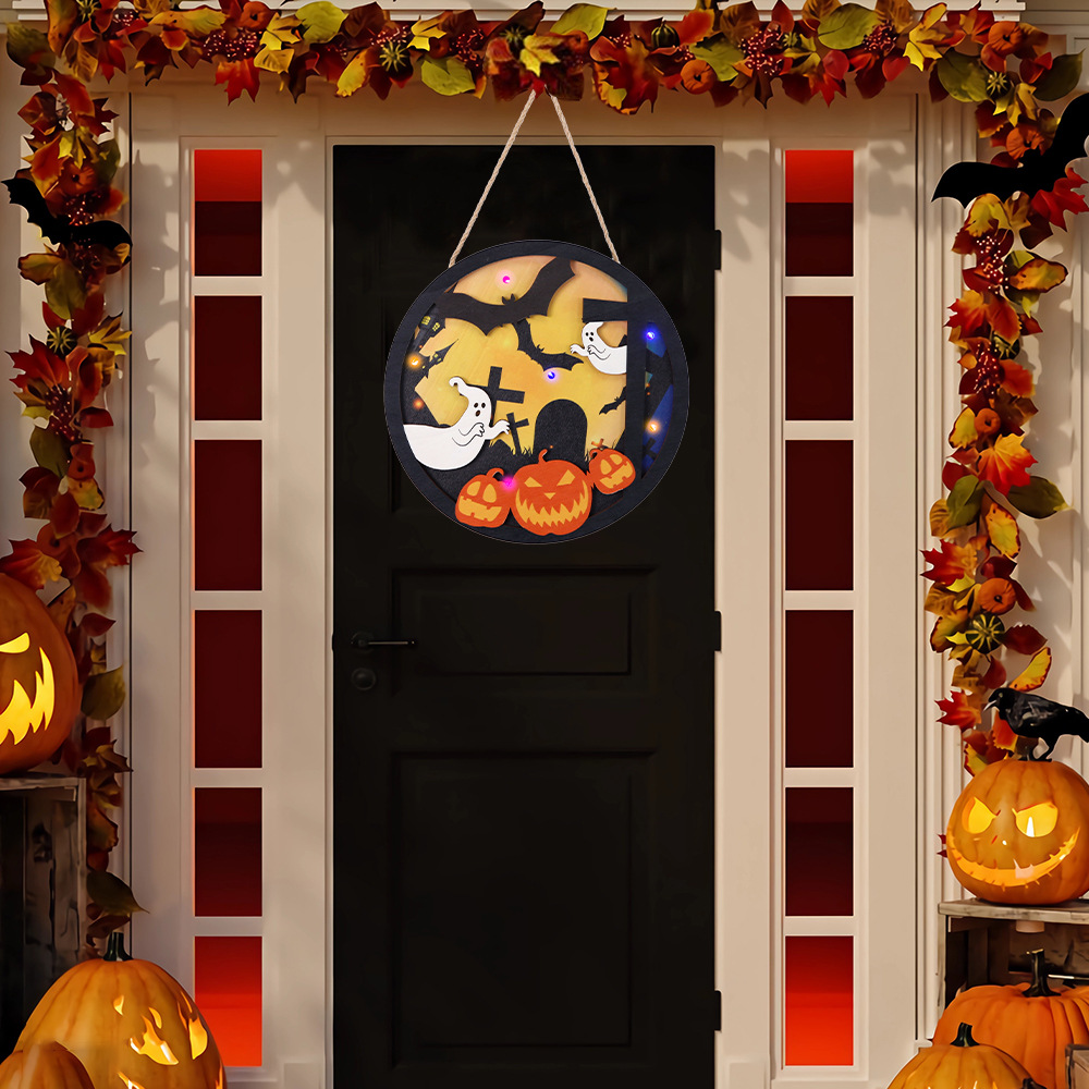 Nuevo Halloween de madera colgante luz-emisor fantasma Festival atmósfera diseño accesorios calabaza fantasma puerta redonda placa adornos