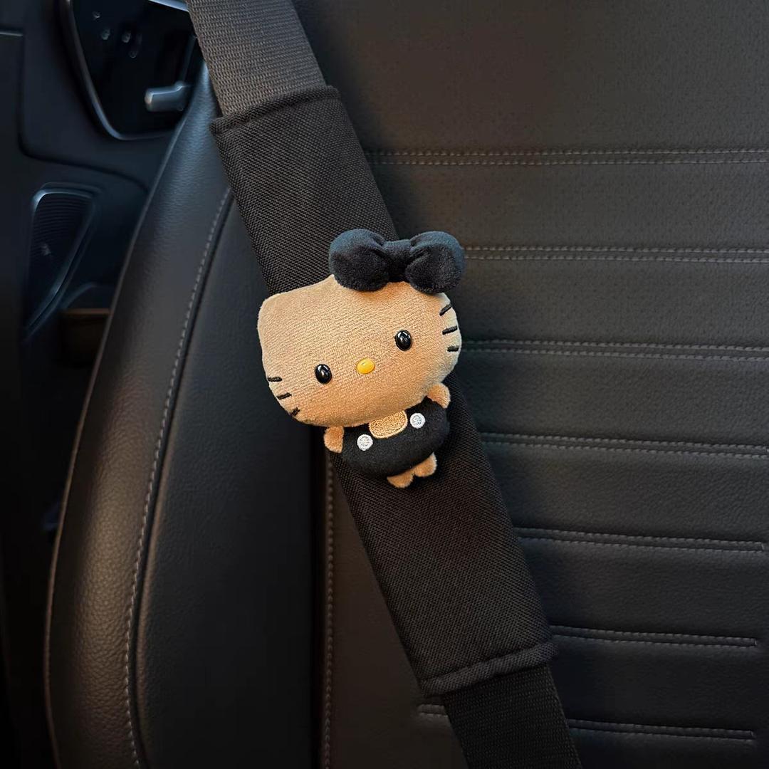 Black Leather Mini Hello Kitty Seatbelt Shoulder Pads, Cute Car Interior Accessories, New Car Gift
