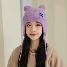 新款秋冬季毛线帽女甜美可爱猫耳针织帽小毛绒保暖护耳包头帽子