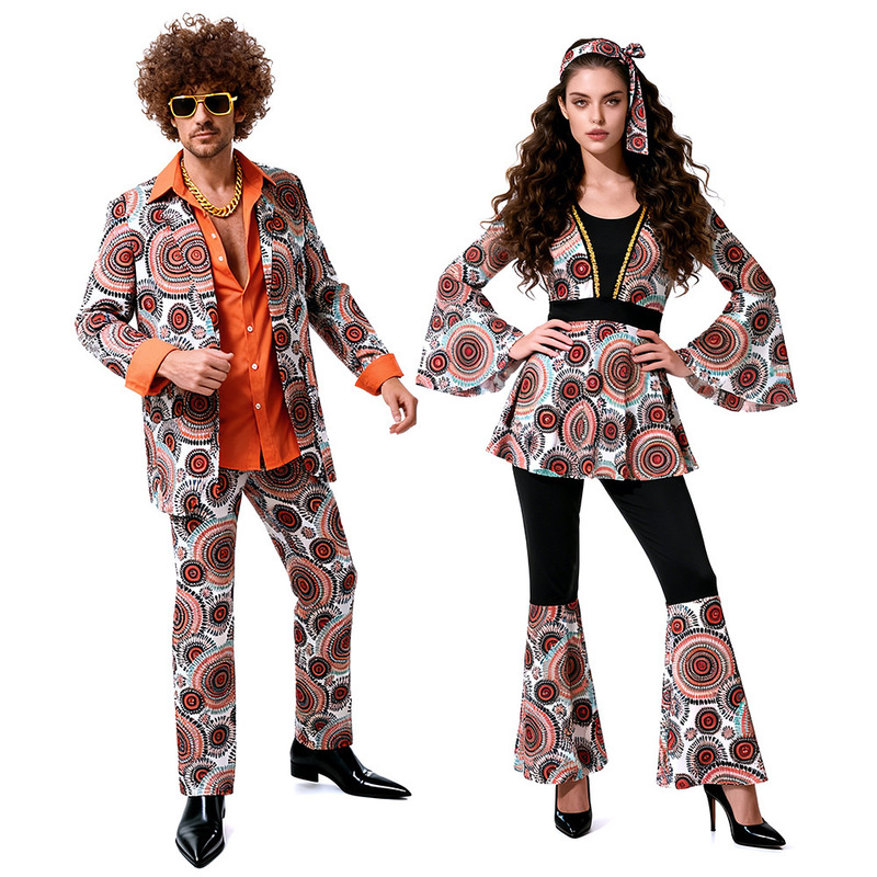 Halloween Disco Couple Cosplay Outfits 70S Retro Print Set Party Dance Street Style Two-Piece Outfit Halloween Disco Couple Cosplay Outfits 70S Retro Print Set Party Dance Street Style Two-Piece Outfit