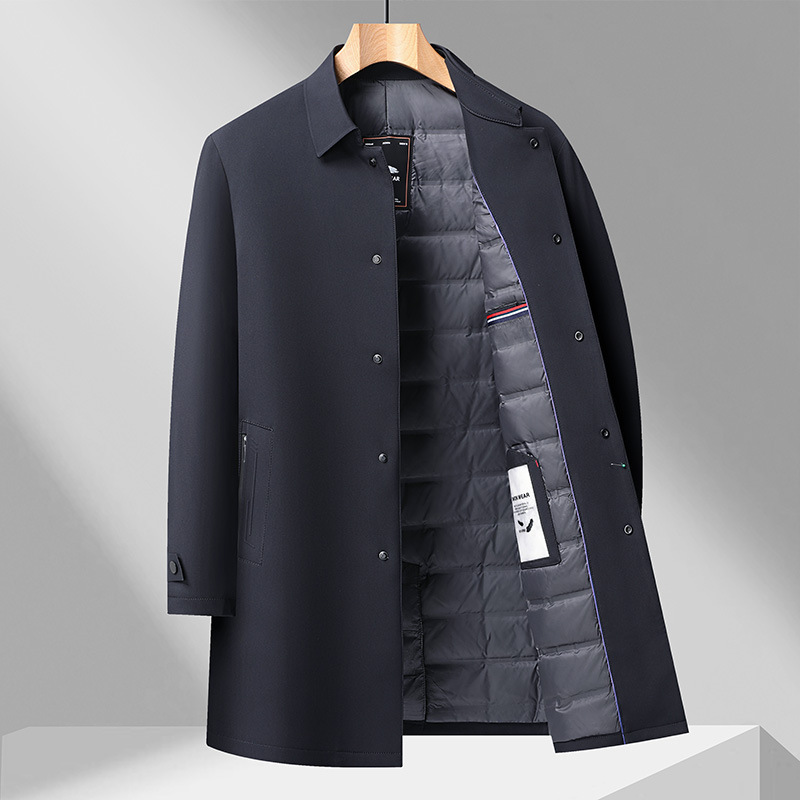 Cross-Border Wholesale In-Stock 2026 Men's Long Trench Coat down Jacket 90% White Duck down Casual Fashion Solid Color for Young and Middle-Aged Men Cross-Border Wholesale In-Stock 2026 Men's Long Trench Coat down Jacket 90% White Duck down Casual Fashion Solid Color for Young and Middle-Aged Men