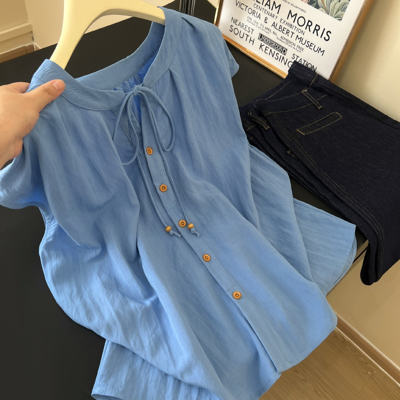 Guangzhou Thirteen Lines High-Quality Popular Style ~ 2025 Summer New Fashionable Comfortable Tie-Neck Short Sleeve Shirt with Small Flutter Sleeves