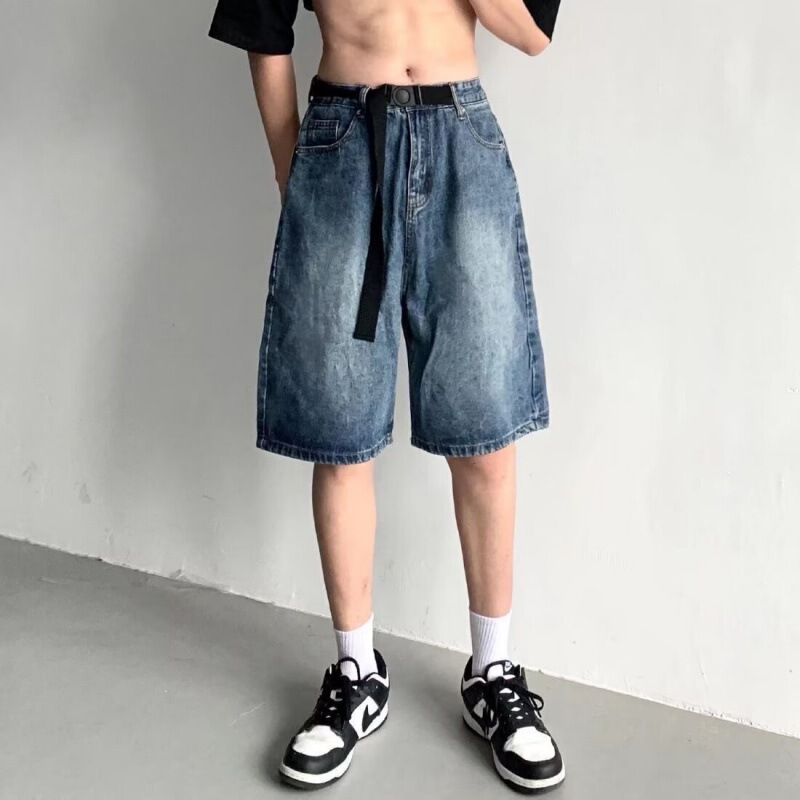 American-style Washed Denim Shorts for Men and Women Summer New Fashion Brand Hong Kong Style Retro Loose Casual Wide Leg Pants