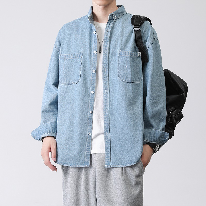 Herrenhemd neue gewaschene lose Denim koreanische Version Trend Langarmhemd Arbeitsjacke_voghion.com