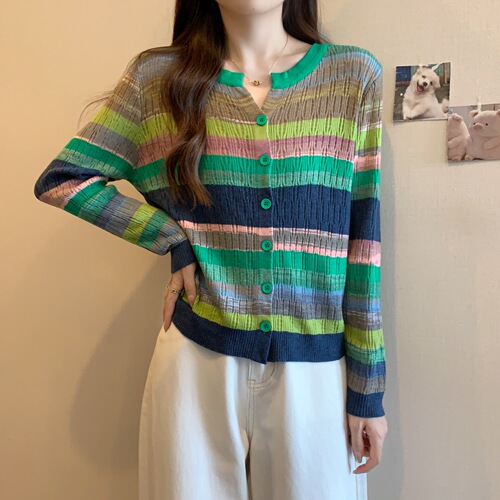 Autumn new style striped fashion all-match foreign style age-reducing dopamine wear long-sleeved knitted cardigan top for women