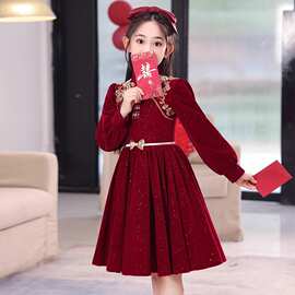 中式女童秋冬红色小香风连衣裙儿童喜庆新年款拜年公主裙演出裙子