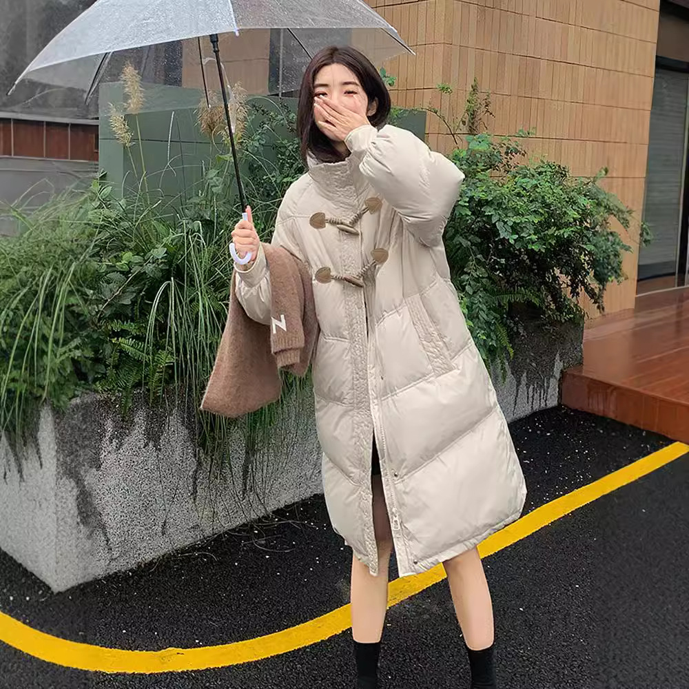 2024 nuevo algodón de invierno de mujer largo corno de buey pequeño chaqueta de algodón de pluma grande chaqueta de algodón