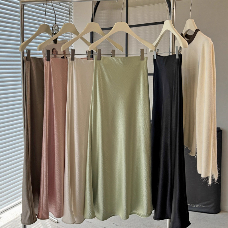 2025 Acetate Satin Fishtail Skirt Feminine Casual Drape Slimming Hip A-Line Mid-Length Skirt