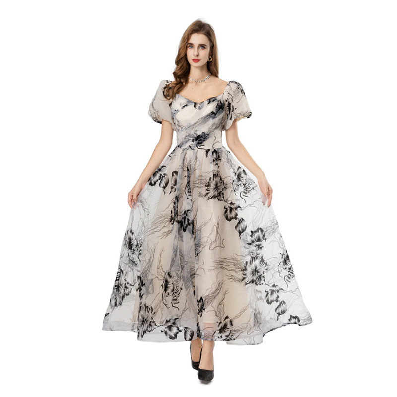 French Retro Large Printed Ink Painting Style Short Lantern Sleeves Off-Shoulder High Waist Elegant Large Swing Long Skirt 251902 French Retro Large Printed Ink Painting Style Short Lantern Sleeves Off-Shoulder High Waist Elegant Large Swing Long Skirt 251902