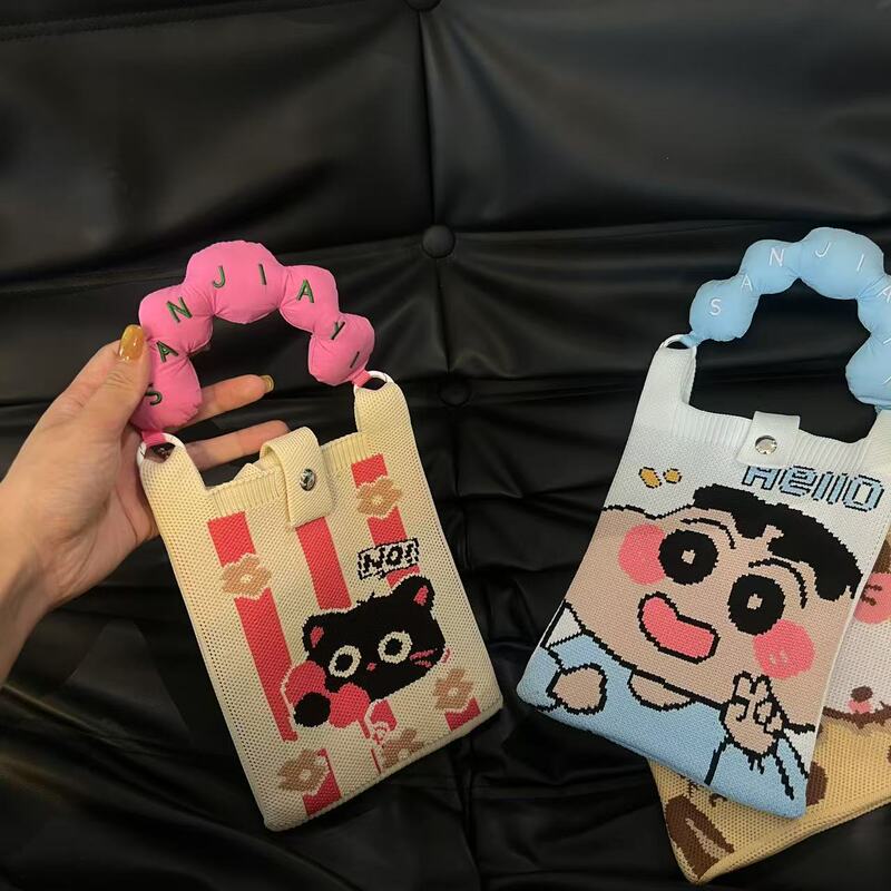 新しいかわいい韓国スタイルのスクエアバッグ漫画ニットバッグ携帯電話バッグ多用途ミニショルダークロスボディハンドバッグ女性のための|undefined
