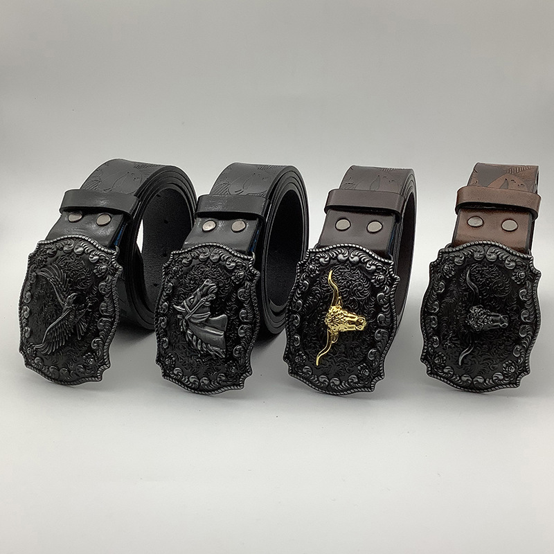 Nuevo cinturón de mezclilla occidental transfronterizo para hombres, hebilla de cabeza de toro impresa pesada, cinturón de cuero retro de moda al por mayor