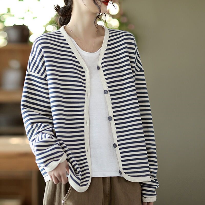 Spring new striped ribbon-trimmed single-breasted women's long-sleeve short jacket cardigan top