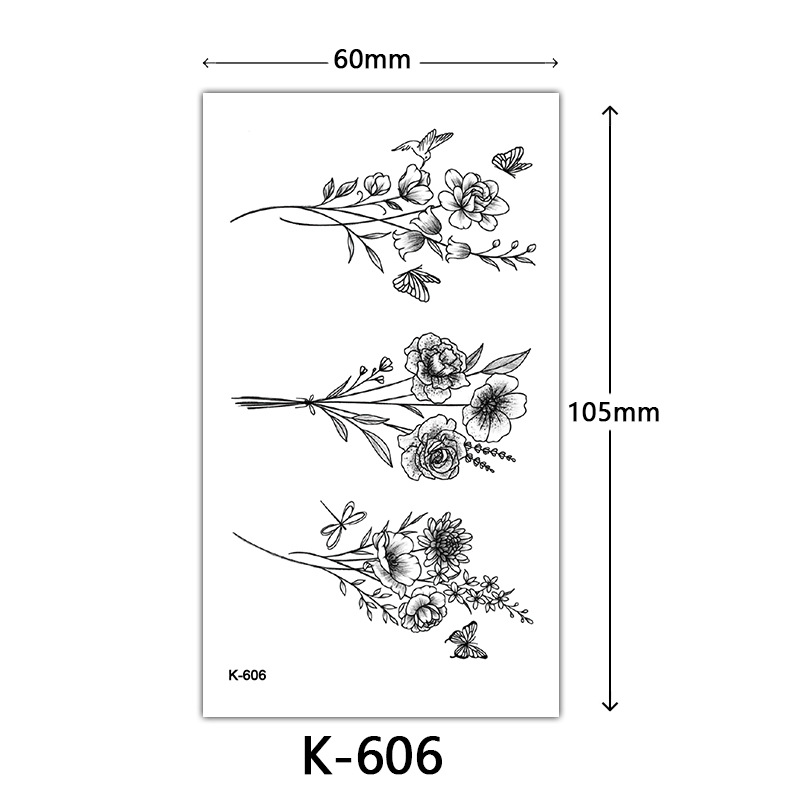 Pequeñas pegatinas de tatuaje frescas letras inglesas flores mariposas líneas de boceto pegatinas de tatuaje impermeables tatuaje