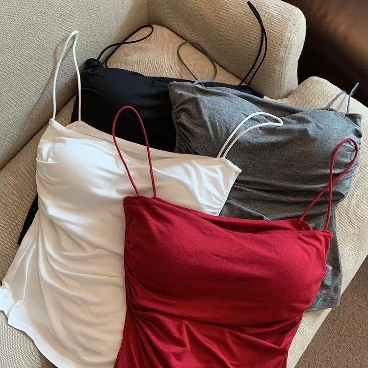 Summer Simple and Versatile Solid Color Pleated Classic Outerwear Camisole with Padded Bra and Sexy Back for Women