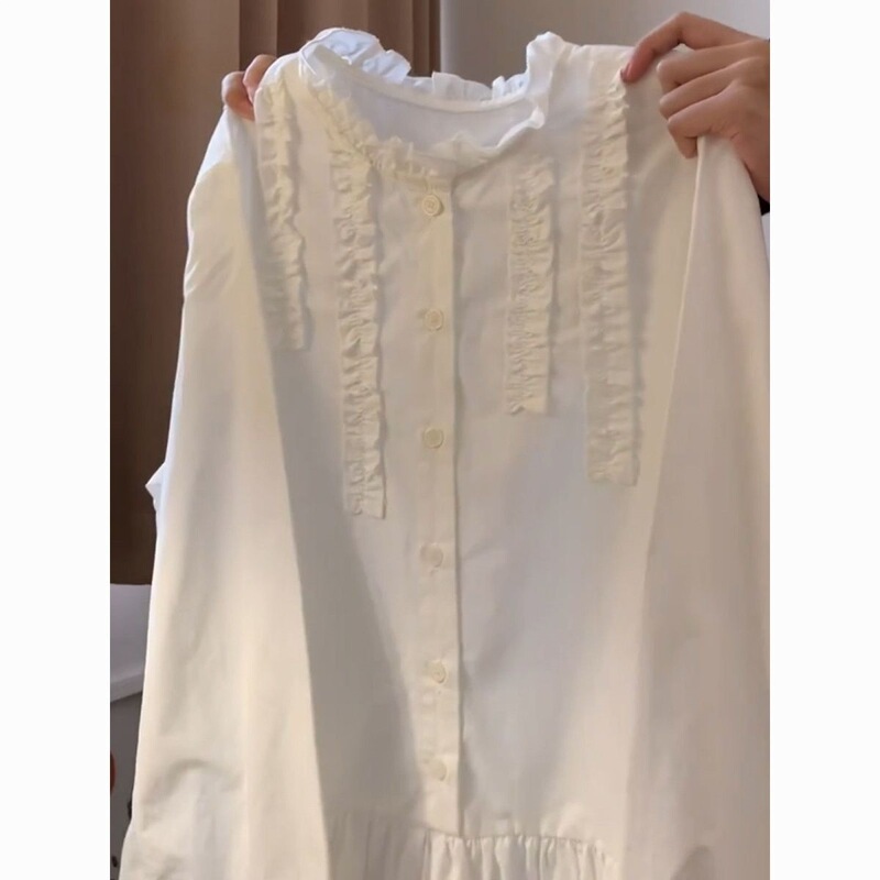 Korean Style Lace Collar Long-Sleeved Shirt Dress for Women Spring 2026 New Loose Slimming Mid-Length Short Skirt