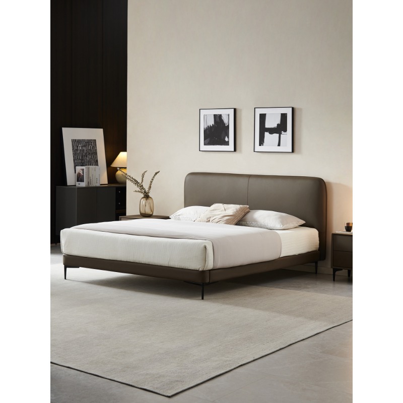 Cama de casada minimalista italiana personalizada bloques de tofu cuero genuino 1.8 bolsas de plumón suaves de borde cama doble moderna y simple
