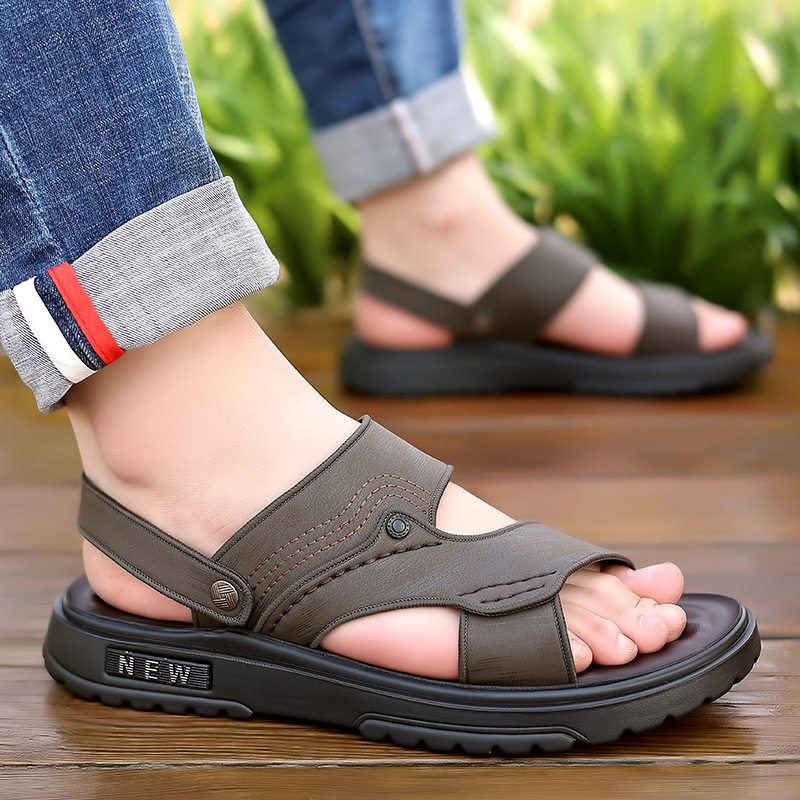 Dép sandal nam quai ngang hở ngón, đế mềm chống trượt, dùng đi ngoài trời và lái xe — 2289 kaki (kích thước giày thể thao), 2289 Đen (Kích thước giày thể thao)