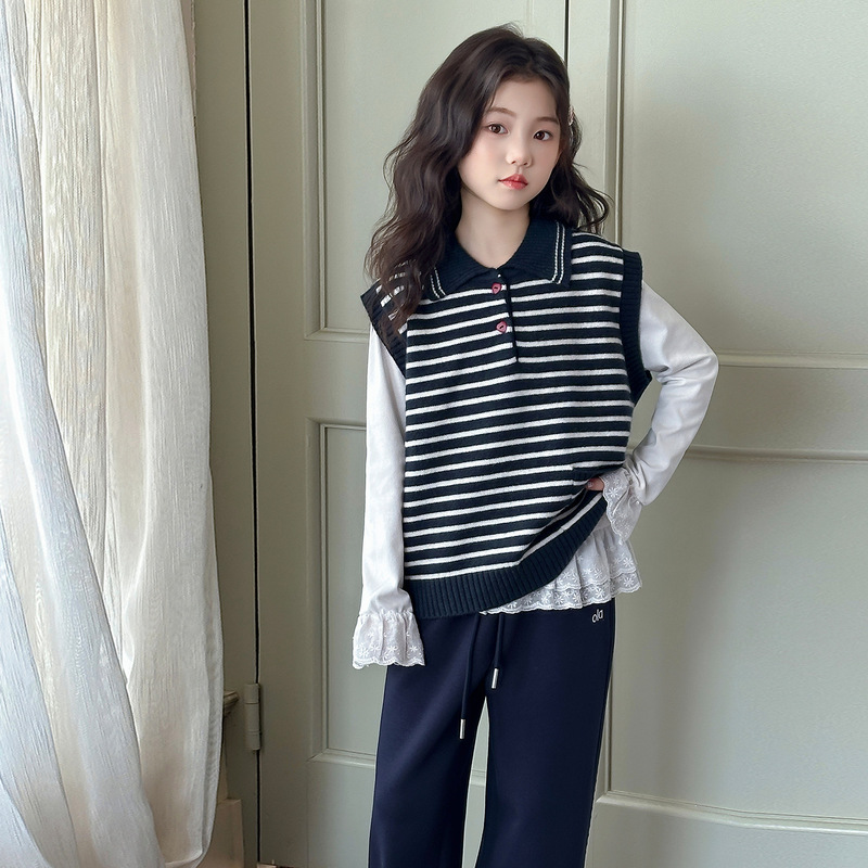 女童春秋款2025新款女大童秋季洋气休闲百搭条纹毛衣马甲两件套潮|undefined
