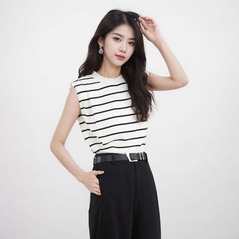 トップス夏の女性のリヨセルテンセルセーターベストハイエンドストライプベストベストアウターノースリーブTシャツ|undefined