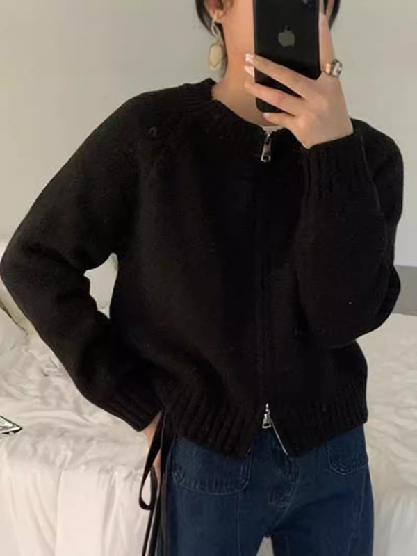 小柄な小さい丸首のファスナーのキャンディー色のニットのカーディガンの女性の秋冬の新型はやせている気質のセーターのコートを現します。|undefined