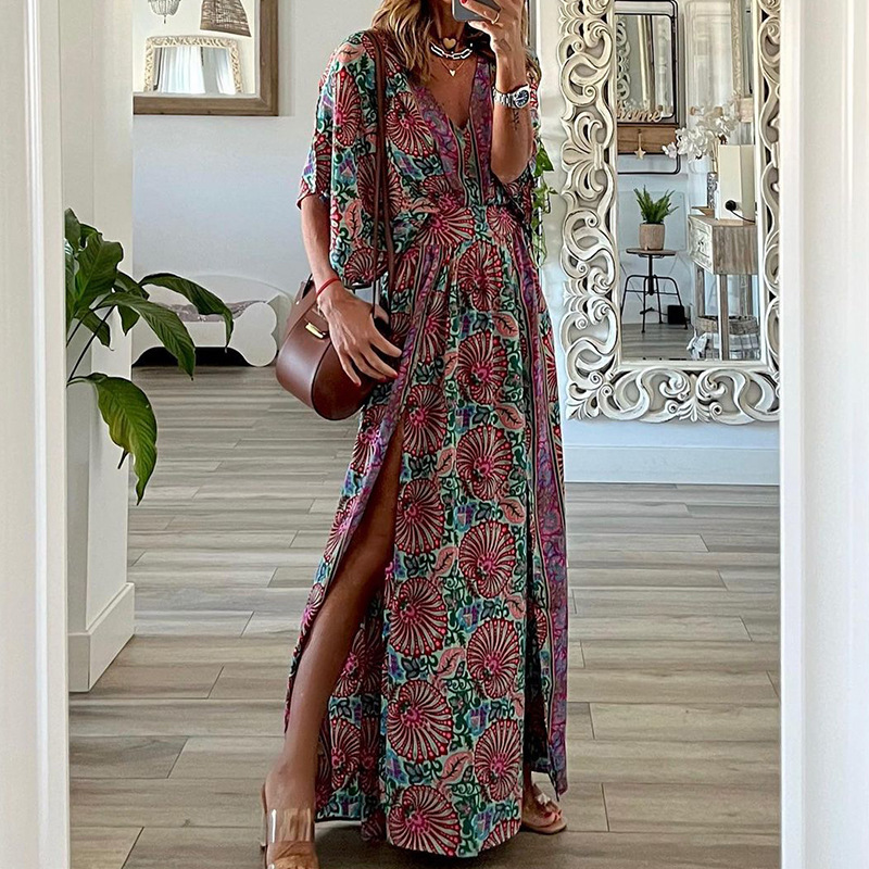 Women's A-line Skirt Elegant V Neck Printing Short Sleeve Printing Maxi Long Dress Holiday display picture 1