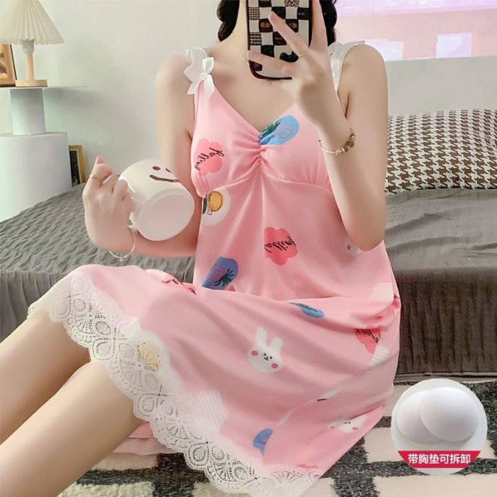 Pijamas al por mayor transfronterizos para mujer de encaje de verano con almohadilla para el pecho para mujer vestido de honda suelto simple para mujer camisón