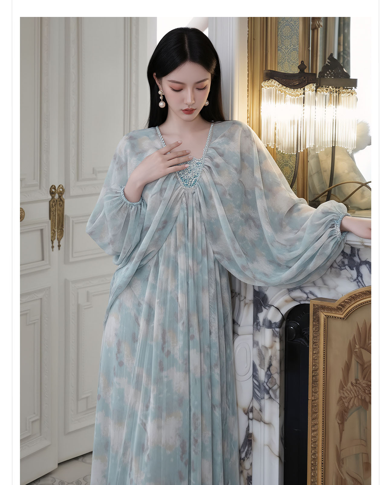 Đầm maxi nữ thắt eo phong cách Tân Trung Hoa in họa tiết thêu ren — xanh lam chi tiết 2