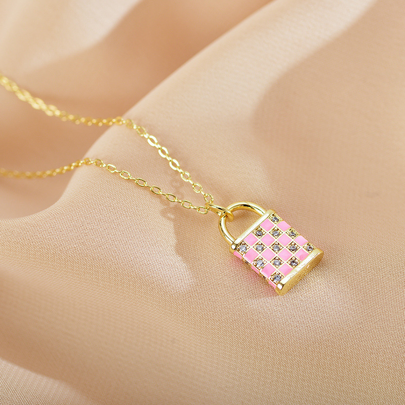 Artificial Rhinestones Inlay Material Pendant Necklace Classification PVD Coated Lock Copper Sweet Waterproof Non Tarnish Titanium Steel Pendant Necklace