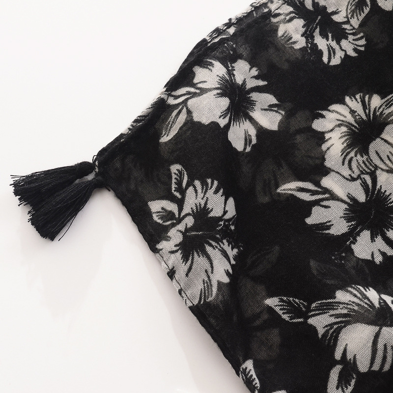 Amazon Negro bufanda de las mujeres de doble uso chal blanco estampado de flores borla hecha a mano de algodón y lino sensación bufanda