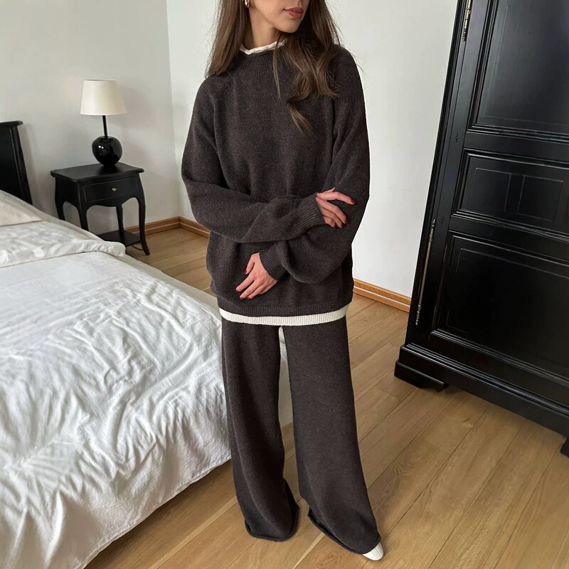2026 Autumn and Winter New European and American Style Loose Casual Knitted Suit Women's Wool Blend Sweater Wide-Leg Pants Two-Piece Set 2026 Autumn and Winter New European and American Style Loose Casual Knitted Suit Women's Wool Blend Sweater Wide-Leg Pants Two-Piece Set