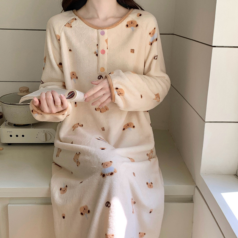 Ohmyda Winter Thickened Coral Fleece Warm Pajamas for Women, Sweet Nightgown, Flannel Nightdress, Loungewear for Wearing Outside