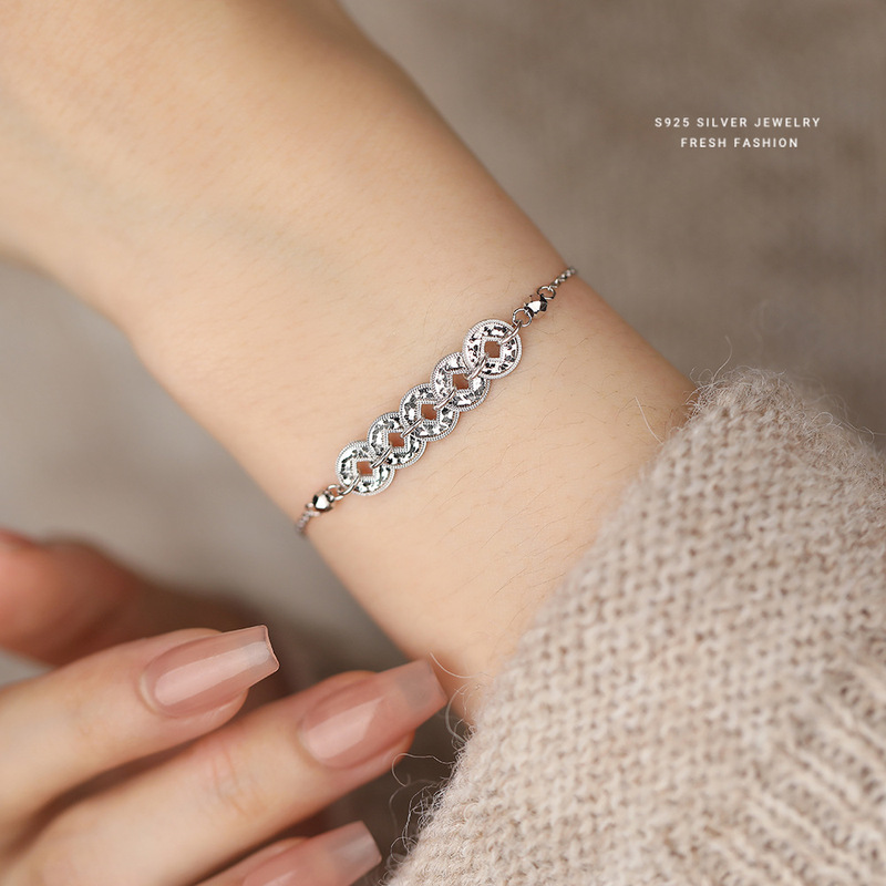 s925 スターリングシルバー新中国風の砕いた氷五帝銅貨ブレスレット女性のための国民的トレンドライト高級多用途コイン国民風ハンドジュエリー|undefined