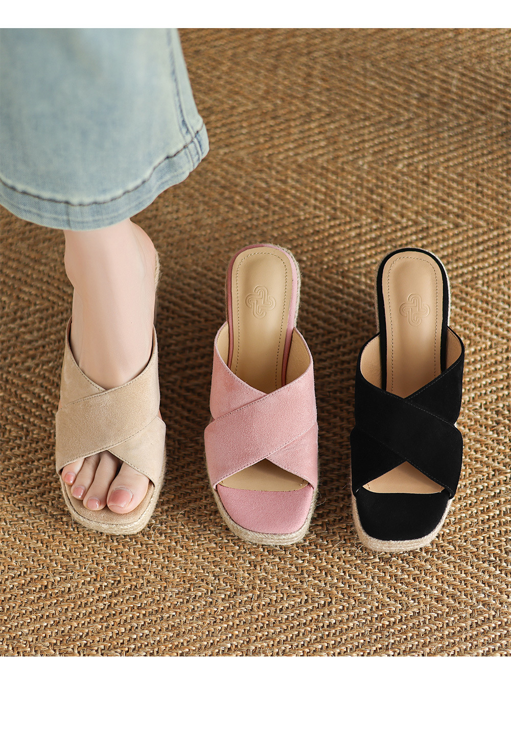 Sandal cao gót nữ quai ngang đế xuồng đan dày — Màu đen chi tiết 8