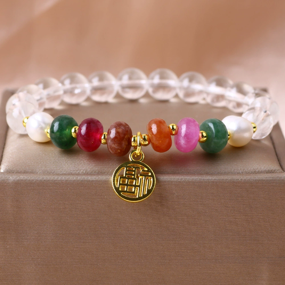Популярный браслет Xiaohongshu с кристаллами белого цвета диаметром 8 мм и медным покрытием, подвесной браслет с благословляющим персонажем, красочные конфетные бусины-абакус