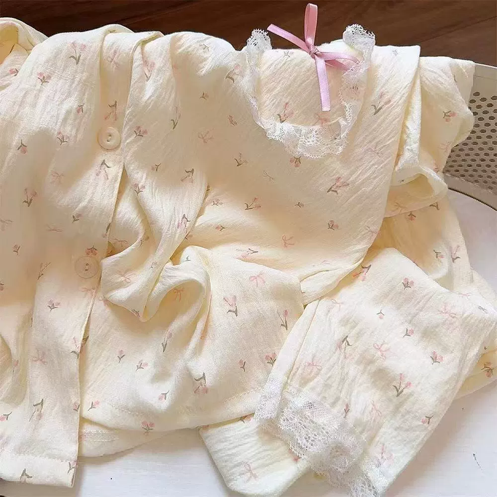 Японский осенний пижамный костюм, милый кардиган, длинный рукав, брюки, комплект, цветочный принт