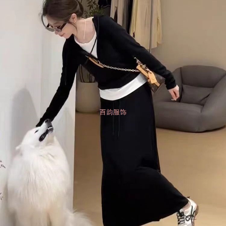 韩系感假两件连帽长袖T恤+半身裙两件套2025早秋新款套装女潮|undefined