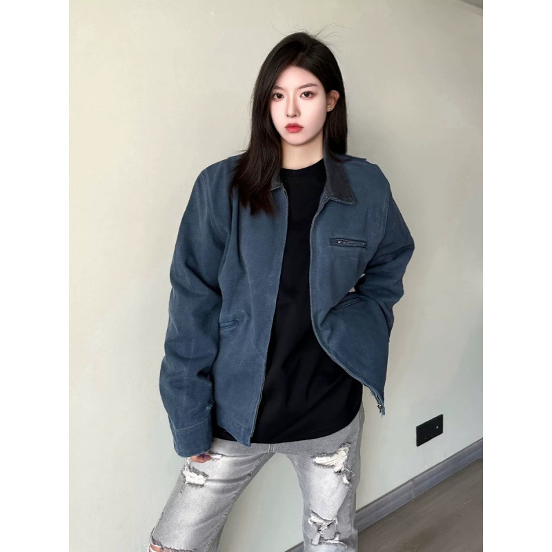 Cleanfit Blue Carhartt Detroit Work Jacket Men's and Women's American Retro Zipper Lapel Distressed Jacket Cleanfit Blue Carhartt Detroit Work Jacket Men's and Women's American Retro Zipper Lapel Distressed Jacket