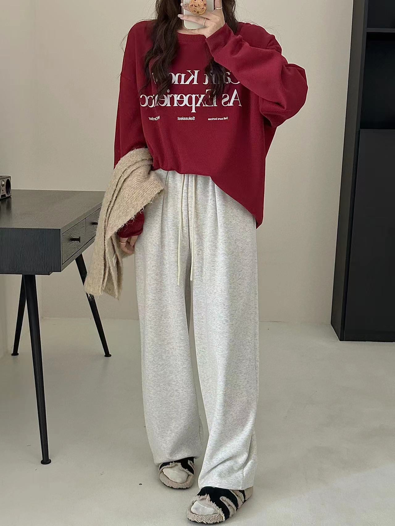 Finna Fu estilo coreano de principios de otoño pantalones de piernas anchas rectas para mujeres pantalones deportivos casuales de color macarón sueltos pantalones de algodón image 5