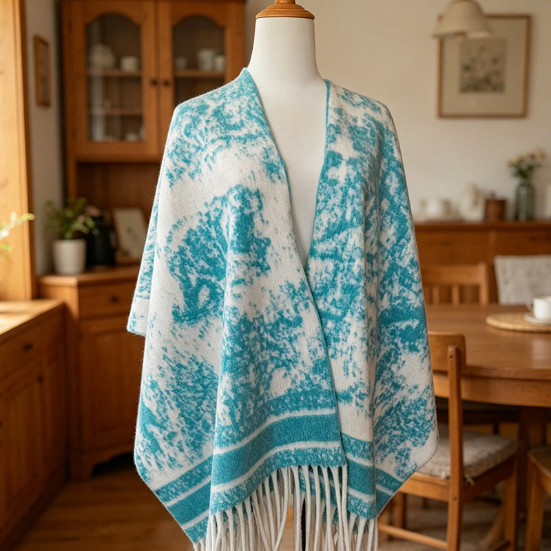 Imitation cashmere vintage geometric pattern shawl in navy blue with tassels, suitable for autumn and winter, warm and artistic for everyday wear