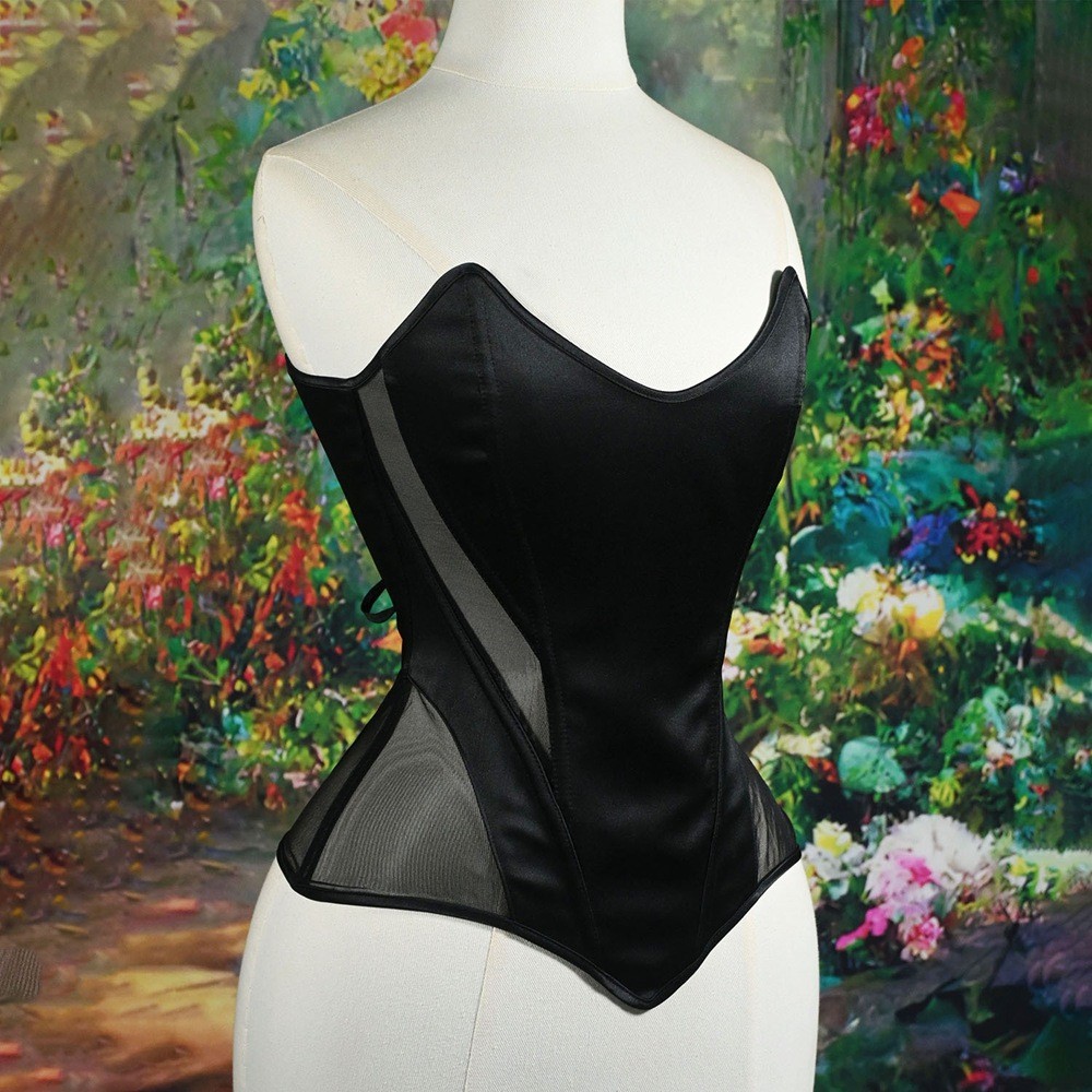 跨境新款鱼骨塑身上衣女士猫眼定型纱拼婚纱缎胸衣绑带小背心抹胸