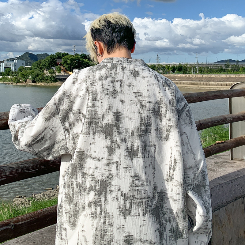 Corduroy Tie-dye V-neck Long-sleeve Men's T-shirt, Autumn Niche Design, Base Layer Shirt, American Retro Top_voghion.com
