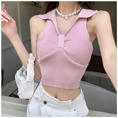 小個子甜辣Polo領無袖針織背心女純欲風性感短款辣妹內搭上衣外穿