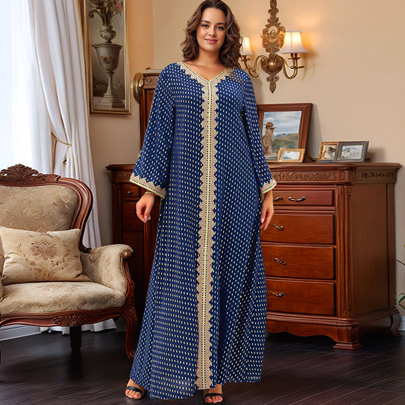 Middle East Kuwait Robe Muslim Dubai Court Style Long Sleeve dress Loose plus size Chubby Girl Long Skirt