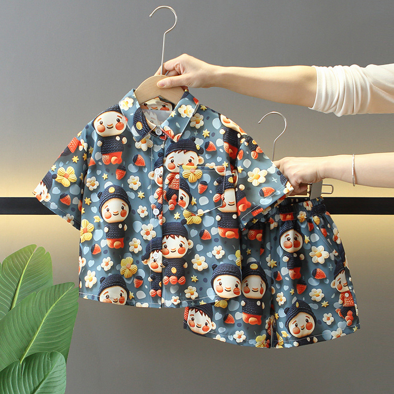 7875 traje de verano para niños 2025 nueva camisa de manga corta para niños de dos piezas ropa de moda de verano para bebés