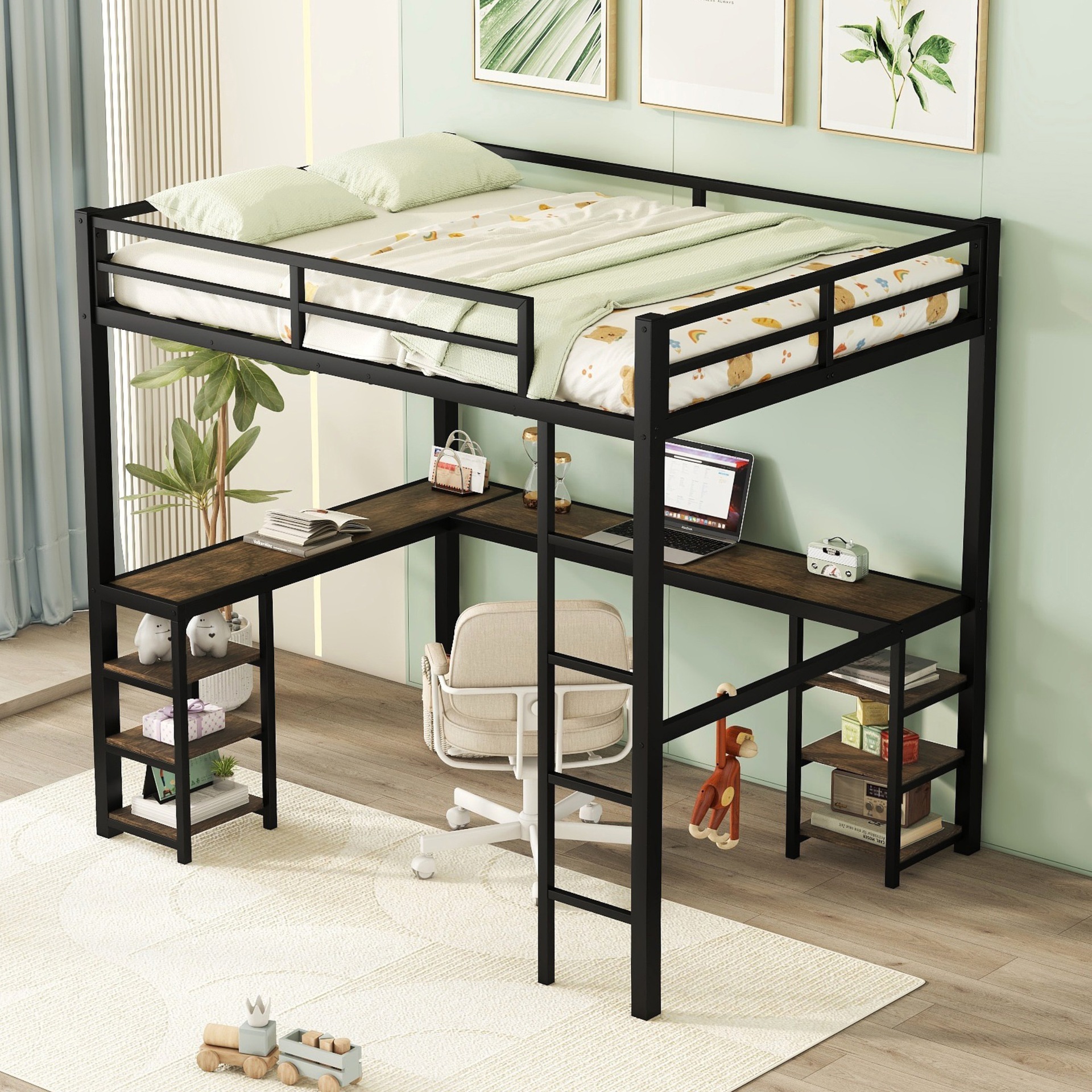 Multifunctional Wrought Iron Loft Bed for Small Apartments, Double-Layer Metal Bed Frame with Upper Bed and Lower Table, Home Integrated Bunk Bed Trend