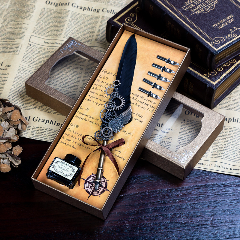 Juego de plumas mecánicas, juego de plumas con engranajes, pluma punk, pluma con alas, pluma de inmersión con plumas
