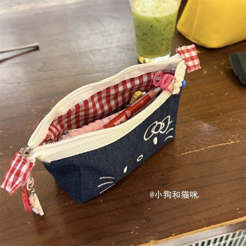 ハローキティデニム鉛筆バッグ刺繍 kt パターンアニメ漫画学生鉛筆バッグ文具箱かわいい収納袋|undefined