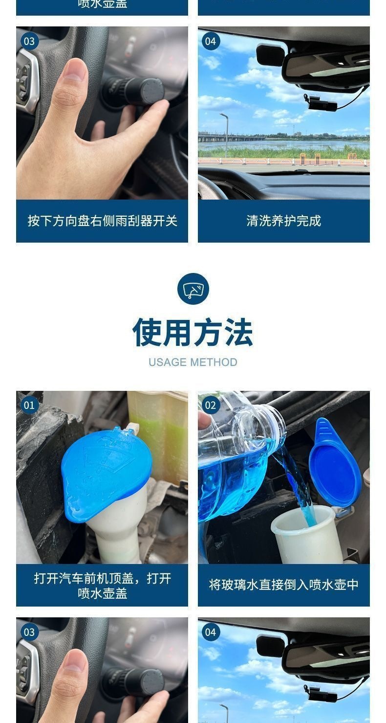 Car windshield washer fluid for all seasons, anti-freeze, removes oil film, insect-repellent coating, rain-repellent, summer wiper fluid