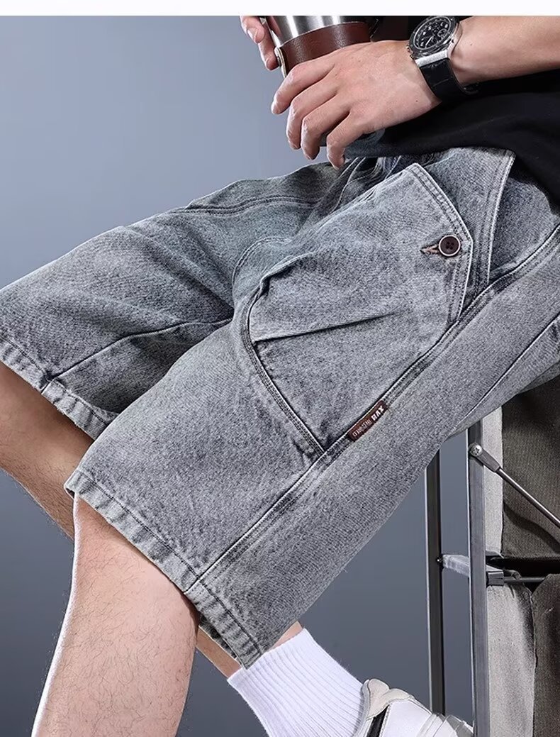 Men's Washed Denim Cargo Shorts Loose Fit Retro Streetwear Style_voghion.com